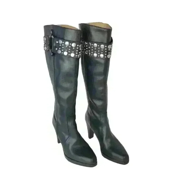 Frye Black Katie Heel Leather Tall Heels Pointed Toe Studded Band Sz 6.5M - Picture 1 of 16
